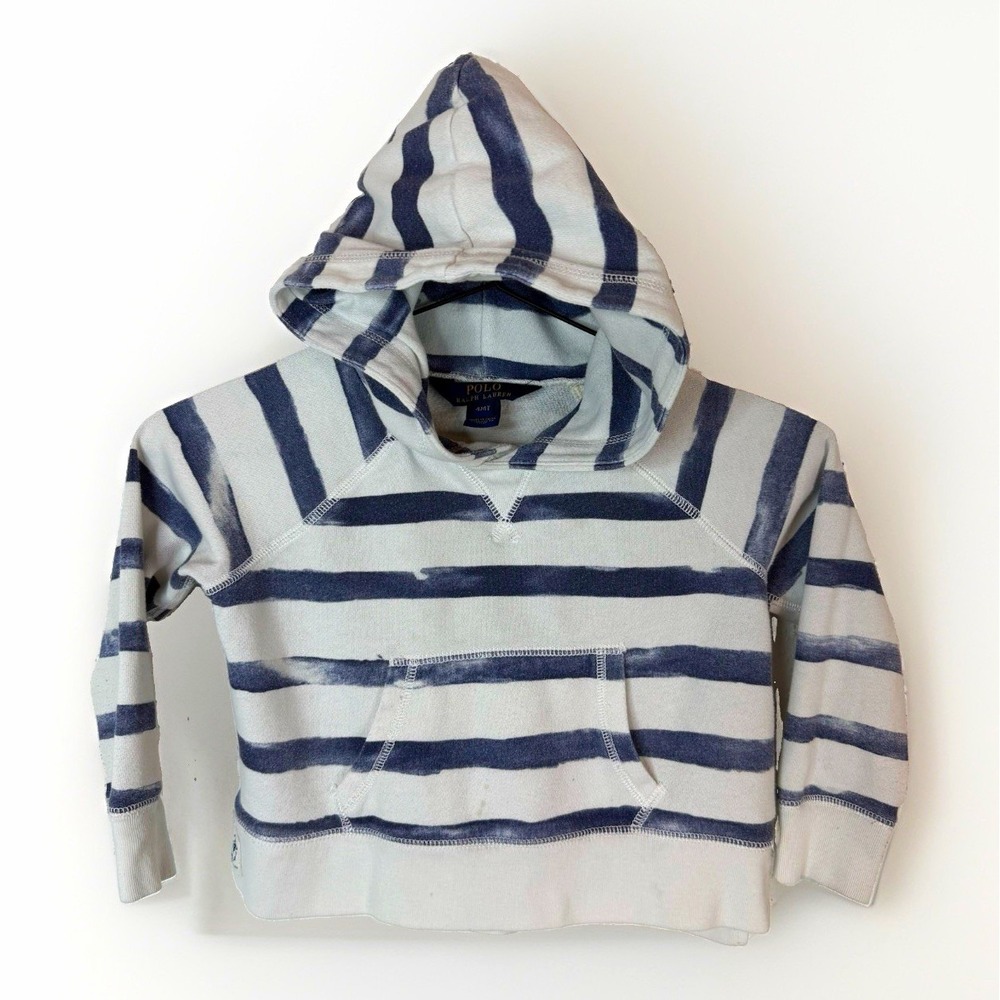 Polo Ralph Lauren Boys Blue/White Striped Pullover Hoodie Logo Pockets 4T